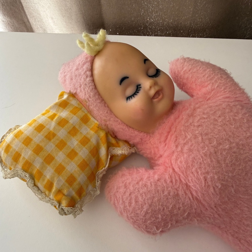 Vintage Wind Up Musical Sleeping Baby Doll Pink Plush Yellow‎ Gingham Pillow